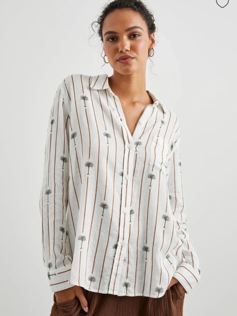 RAILS Charli Linen Blend Long Sleeve Button Front Shirt Ivory Stripe Palms Sz XS